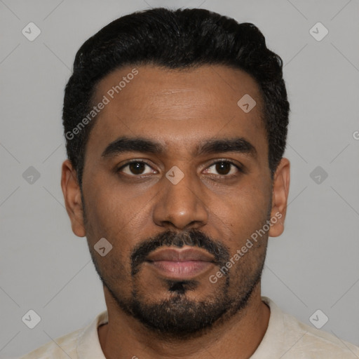 Neutral black young-adult male with short  black hair and brown eyes