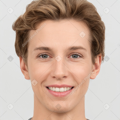 Joyful white young-adult female with short  brown hair and grey eyes