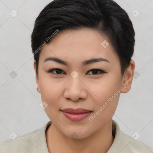 Joyful asian young-adult female with short  brown hair and brown eyes