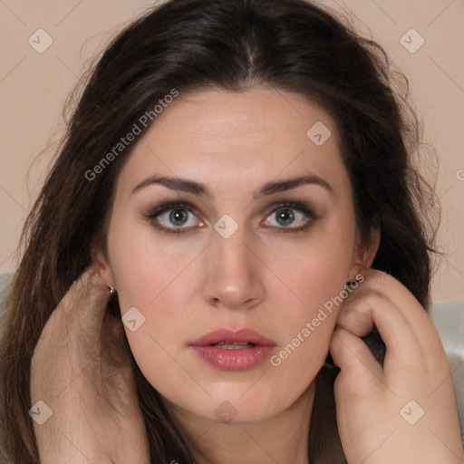 Neutral white young-adult female with long  brown hair and brown eyes