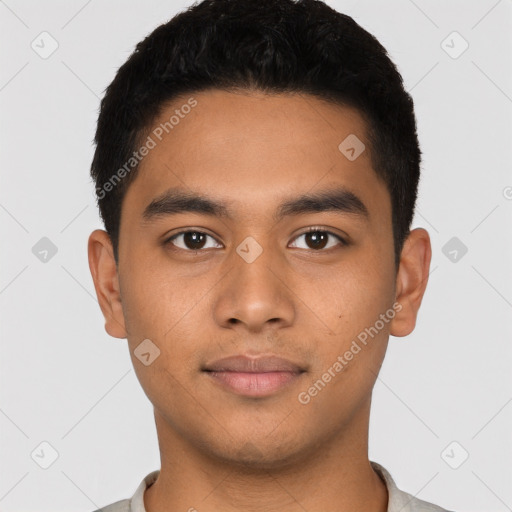 Neutral latino young-adult male with short  black hair and brown eyes