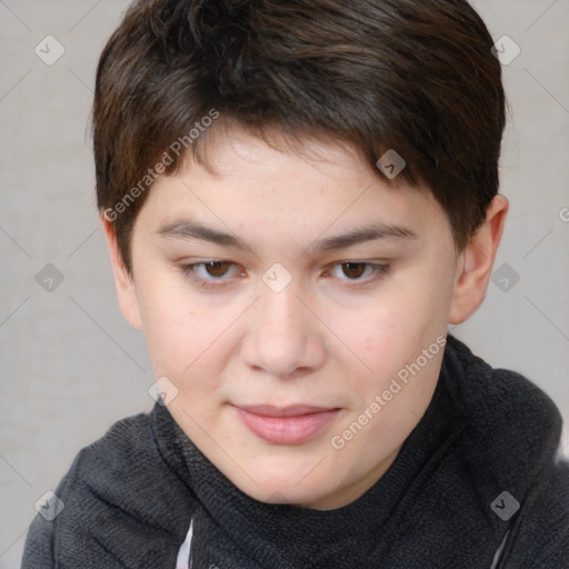 Joyful white child female with short  brown hair and brown eyes