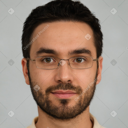 Neutral white young-adult male with short  black hair and brown eyes