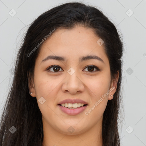 Joyful asian young-adult female with long  brown hair and brown eyes