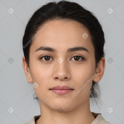 Neutral white young-adult female with medium  brown hair and brown eyes