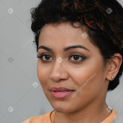 Joyful latino young-adult female with short  brown hair and brown eyes