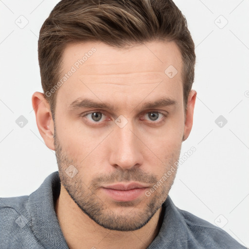 Neutral white young-adult male with short  brown hair and grey eyes