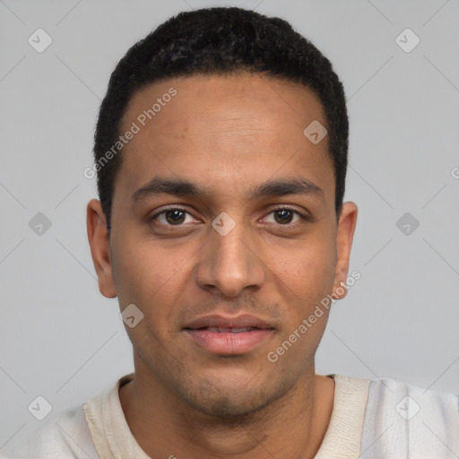 Neutral latino young-adult male with short  black hair and brown eyes