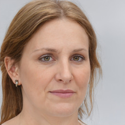 Joyful white adult female with medium  brown hair and blue eyes