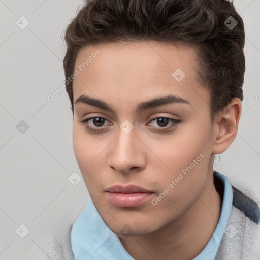 Neutral white young-adult female with short  brown hair and brown eyes