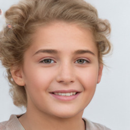 Joyful white child female with short  brown hair and brown eyes