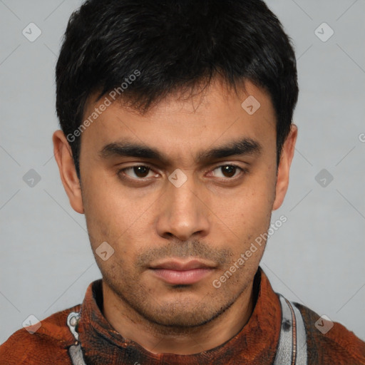 Neutral latino young-adult male with short  brown hair and brown eyes