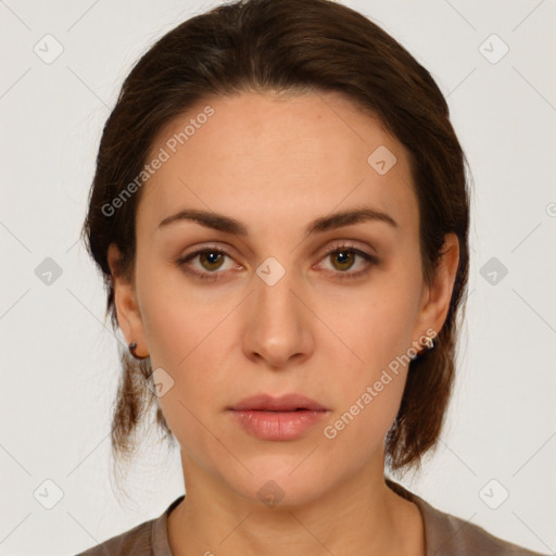 Neutral white young-adult female with medium  brown hair and brown eyes