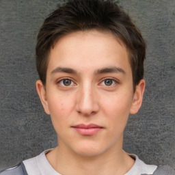 Neutral white young-adult female with short  brown hair and brown eyes