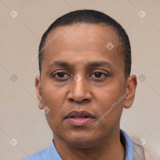 Neutral latino adult male with short  black hair and brown eyes