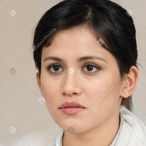 Neutral white young-adult female with medium  brown hair and brown eyes