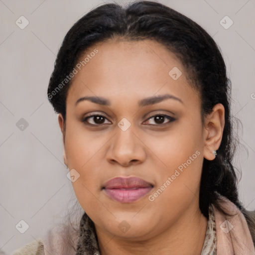 Joyful latino young-adult female with long  black hair and brown eyes