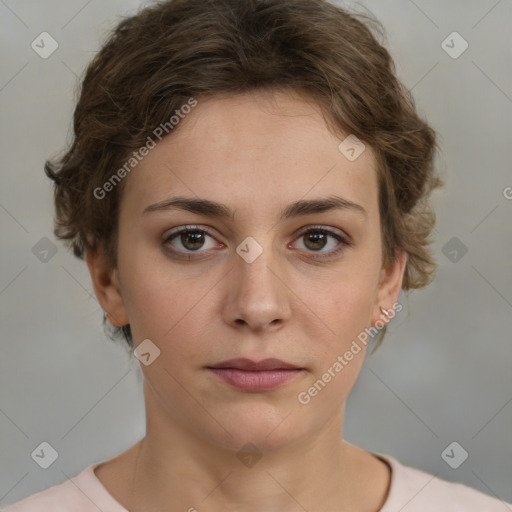 Neutral white young-adult female with short  brown hair and brown eyes