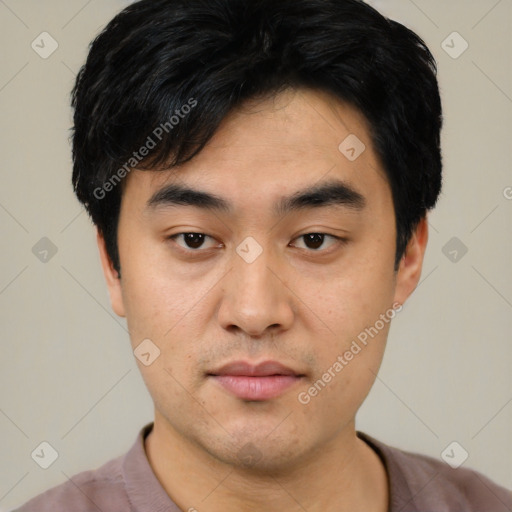 Neutral asian young-adult male with short  black hair and brown eyes