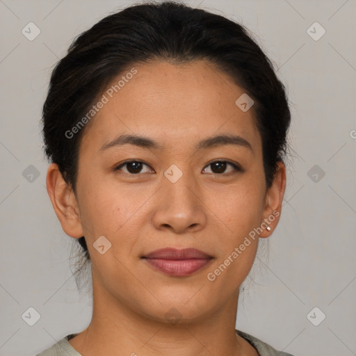 Joyful asian young-adult female with short  brown hair and brown eyes