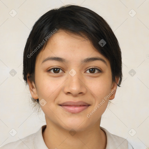 Joyful latino young-adult female with medium  brown hair and brown eyes