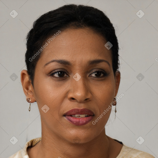 Joyful latino young-adult female with short  brown hair and brown eyes