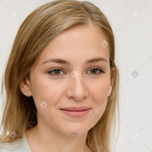 Joyful white young-adult female with medium  brown hair and blue eyes