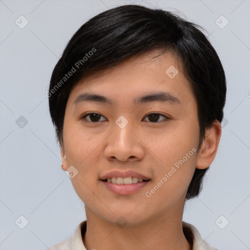 Joyful asian young-adult female with medium  black hair and brown eyes