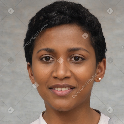 Joyful black young-adult female with short  black hair and brown eyes