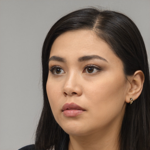 Neutral asian young-adult female with long  black hair and brown eyes