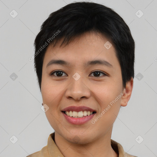 Joyful asian young-adult female with short  black hair and brown eyes