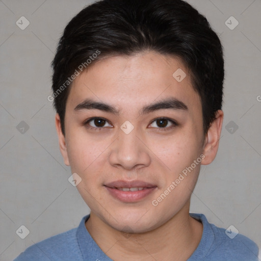 Joyful asian young-adult male with short  brown hair and brown eyes