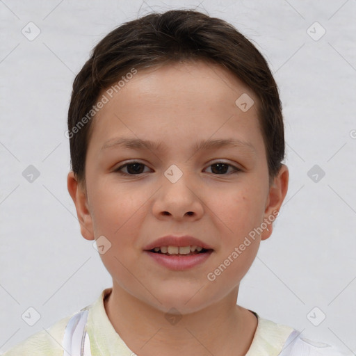 Joyful white child female with short  brown hair and brown eyes