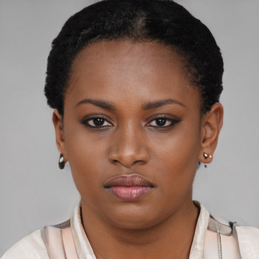 Neutral black young-adult female with short  black hair and brown eyes