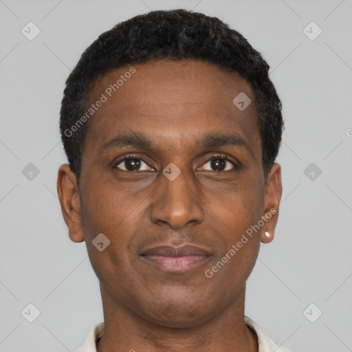 Neutral black young-adult male with short  black hair and brown eyes