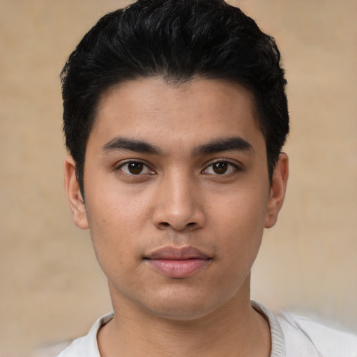 Neutral asian young-adult male with short  black hair and brown eyes