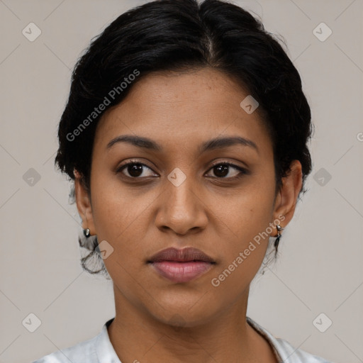 Joyful latino young-adult female with short  black hair and brown eyes