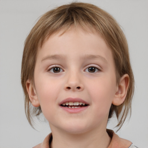 Joyful white child female with medium  brown hair and brown eyes