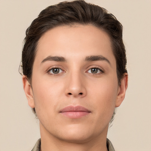 Neutral white young-adult male with short  brown hair and brown eyes