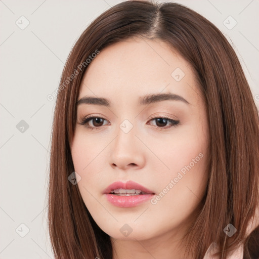 Neutral white young-adult female with long  brown hair and brown eyes