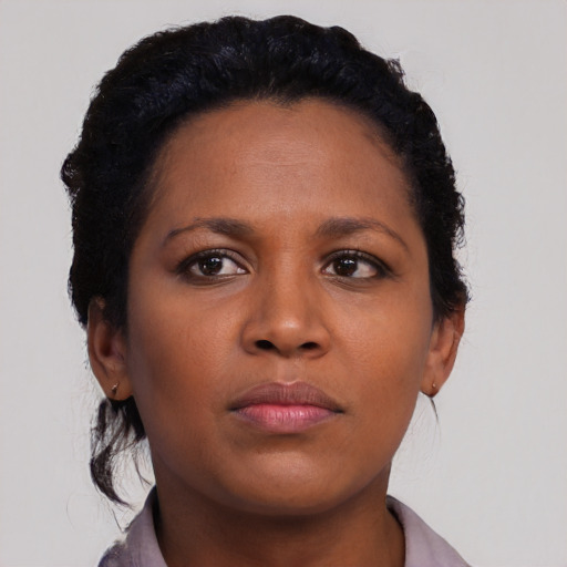Neutral black young-adult female with short  brown hair and brown eyes