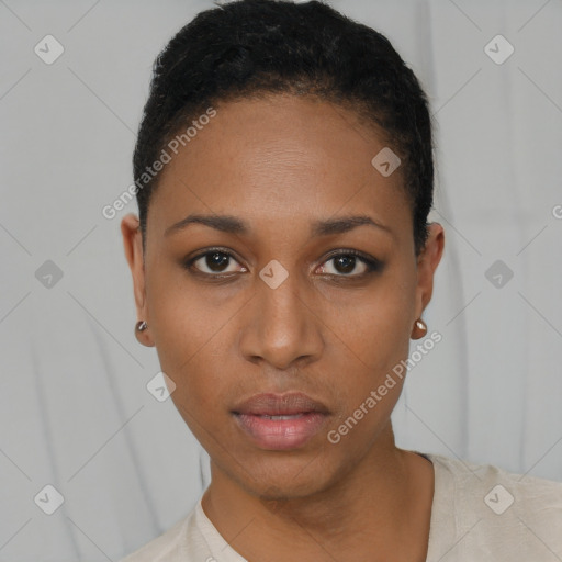 Neutral black young-adult female with short  black hair and brown eyes