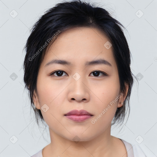 Neutral asian young-adult female with medium  black hair and brown eyes