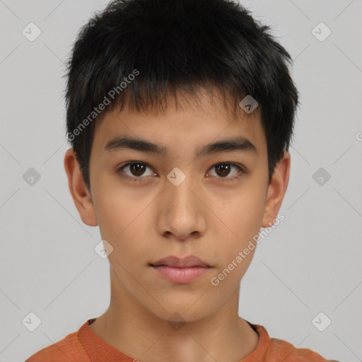 Neutral asian young-adult male with short  black hair and brown eyes