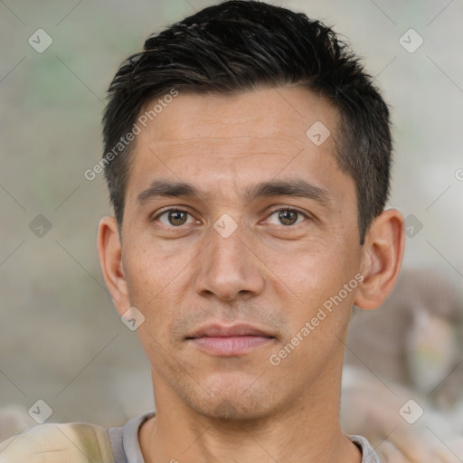 Neutral white adult male with short  black hair and brown eyes