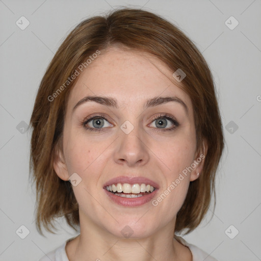 Joyful white young-adult female with medium  brown hair and blue eyes