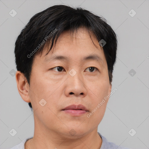 Neutral asian adult male with short  brown hair and brown eyes