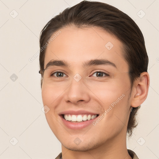 Joyful white young-adult female with medium  brown hair and brown eyes