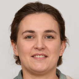 Joyful white adult female with medium  brown hair and grey eyes