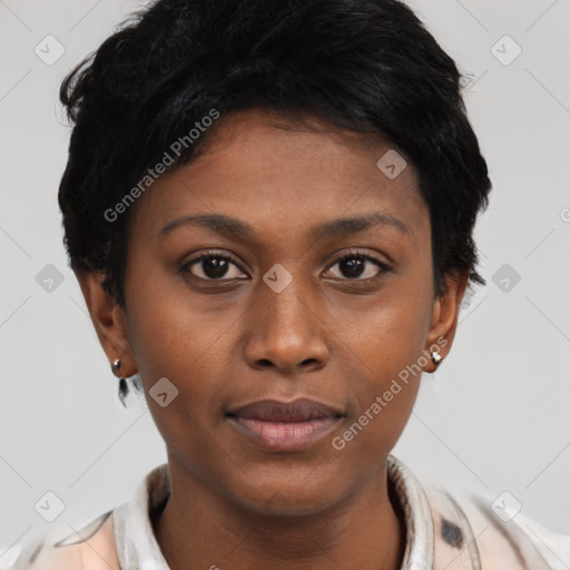 Neutral asian young-adult female with short  black hair and brown eyes